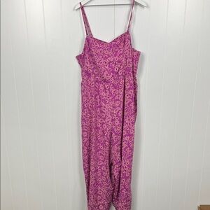 Knox Rose Womens Jumpsuit 1X Magenta Paisley Print Smocking Adj Straps Pockets
